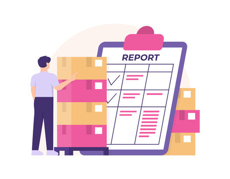 The Concept Of Stock Take Staff, Warehouse Admin, Goods Supervisor. Illustration Of An Employee Or Male Worker Counting And Reading The Inventory Report. Flat Style. Design Elements