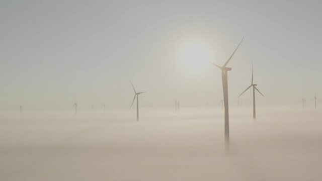 Wind farm standing tall above snow covered fields and a freezing fog on a cold winter morning.  The sun is rising behind the wind turbine casting their shadows across the fog.