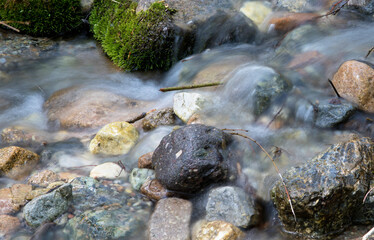 Stream flowing in the mountains outdoors in summer