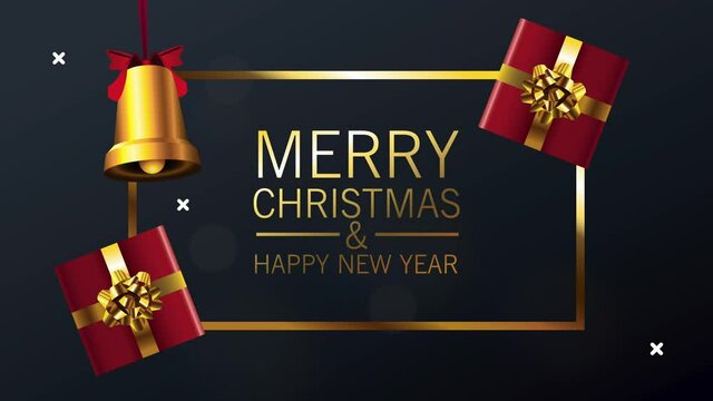 happy merry christmas lettering with gifts and bell golden