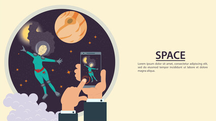 Hands holding a phone take a picture of a girl in a spacesuit in outer space on the background of a planet flat vector drawing for design design