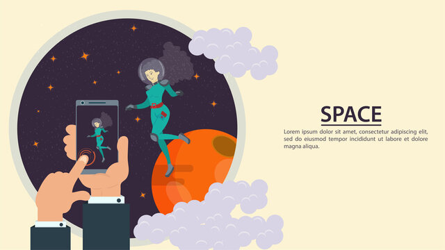 Hands holding a phone take a picture of a girl in a spacesuit in outer space flat vector drawing for design design