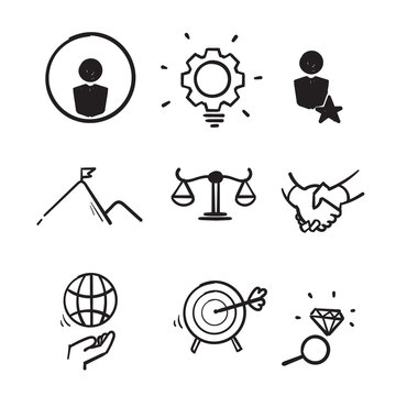 hand drawn doodle icon symbol for core values set isolated background