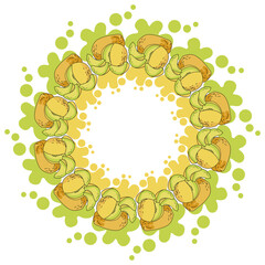A wreath of juicy yellow melons and color splashes with splashes, bright yellow fruit whole and slices in the form of a round frame