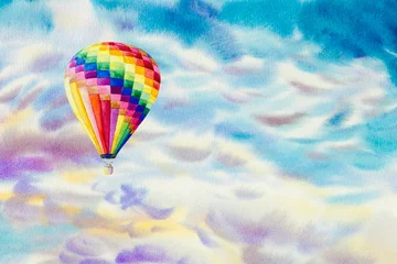 Selbstklebende Fototapeten Watercolor paintings hot air balloons on cloud sky. © Painterstock