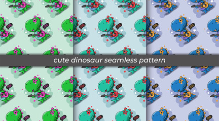 cute a rock star dinosaur cartoon seamless pattern