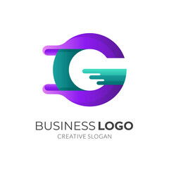 letter G tech logo, letter G and technology, combination logo with 3d purple and green color style