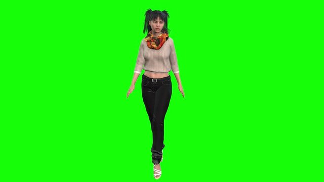 3d animation of a young avatar woman walking slowly towards camera.