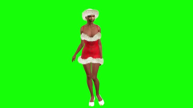 3d animation a Afro American avatar woman dressed in Christmas clothes beckons to someone and then stands and talks.