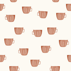 Seamless texture of stamp style cup illustrations. Hand drawn sketch colorful painting on simple background. concept illustration of Set  lifestyle commodity.