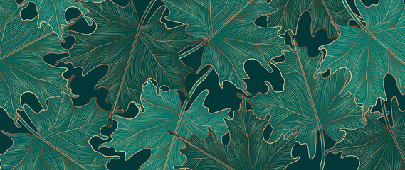 Luxury Gole autumn background vector. Autumn seasonal wall paper design with oak leaf, vine maple and golden texture. Vector illustration. - obrazy, fototapety, plakaty