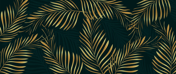 Luxury Gold palm leaves wallpaper. Tropical leaf background design for wall arts, prints,fabric, pattern and cover. vector illustration.