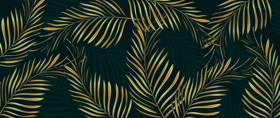 Papier Peint photo Lavable Pour elle Papier peint de luxe de feuilles de palmier d& 39 or. Conception de fond de feuille tropicale pour les arts muraux, les impressions, le tissu, le motif et la couverture. illustration vectorielle.
