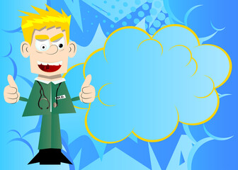 Funny cartoon doctor making thumbs up sign with two hands. Vector illustration.