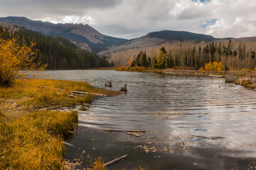 Woods Lake With Fall Color on Flat Top, Middle and Dolores Peaks, Placerville, Colorado, USA