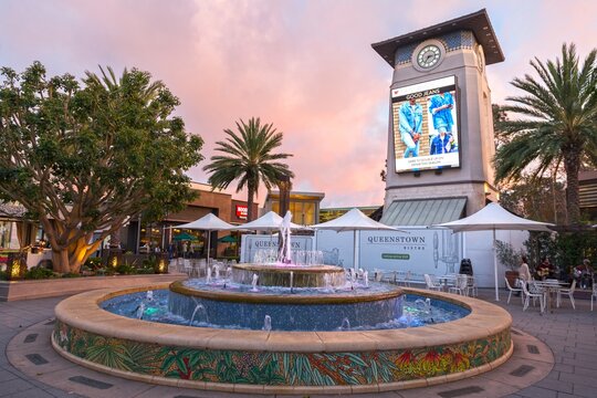 Tower Clock and Fountain in San Diego, California Westfield Shopping Mall at University Town Centre (UTC) on January 22, 2018