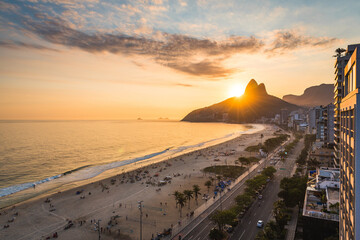 High Angle View of Ipanema Beach in Rio de Janeiro by Sunset - obrazy, fototapety, plakaty