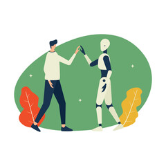 Fototapeta premium Man interaction with robot flat illustration