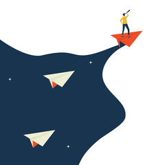 Leadership concept, man flying on paper plane hold telescope