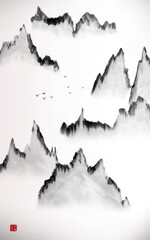 Chinese traditional landscape painting of mountains 