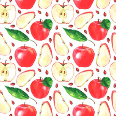 Seamless fruit watercolor pattern with apples and leaves. Hand-drawn food illustrations