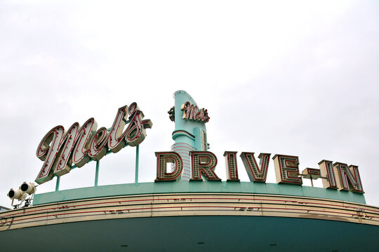 Mel's Drive In Diner Sign At Universal Studios Japan In Osaka, Japan