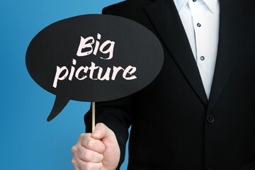 Big picture. Businessman holds speech bubble in his hand. Handwritten Word/Text on sign.