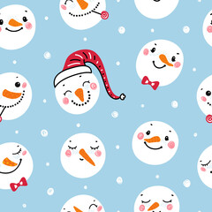 Cute Snowman Heads. Christmas Seamless Pattern. Winter Holiday Vector Background with Cartoon Funny Doodle Snowman Faces. Winter Holidays, Christmas, New Year Design