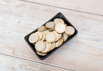 Small plate full of euro coins on the table