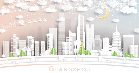 Fototapeta premium Guangzhou China City Skyline in Paper Cut Style with Snowflakes, Moon and Neon Garland.