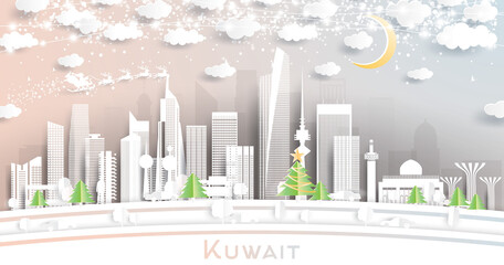Fototapeta premium Kuwait City Skyline in Paper Cut Style with Snowflakes, Moon and Neon Garland.