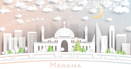 Manama Bahrain City Skyline in Paper Cut Style with Snowflakes, Moon and Neon Garland.