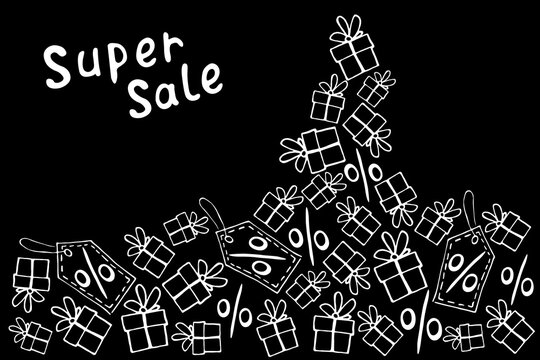 Vector poster, title, frame on theme of black Friday, shopping, discounts and sales. Border from hand drawn outline gifts, percents, price tags in doodle style. Backdrop with mountain of presents