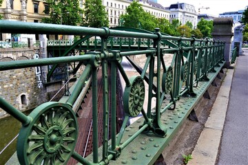 City view of Vienna and railways. Green railings of railways in City of Vienna, Austria. 