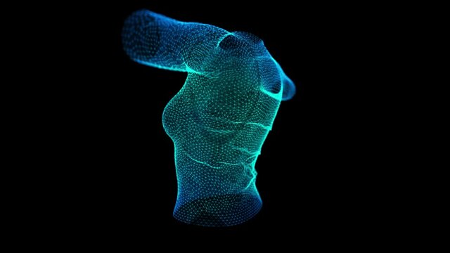 Glowing poligon grid line formation clothes, animation of rotating. Polygon future hologram mesh model. Looping motion animation.