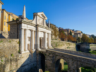 Fototapeta premium Bergamo, Italy. The old town. Amazing landscape at the ancient gate Porta San Giacomo. Bergamo one of the most beautiful cities in Italy