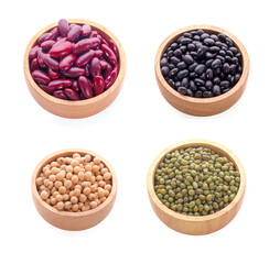 dried mixed beans in wooden bowl an isolated on white background