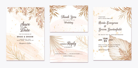 Wedding invitation template set with brown and peach dried floral and leaves decoration. Botanic card design concept