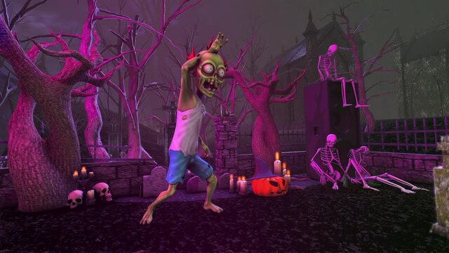 Seamless animation of a zombie thriller dancing in a party at a graveyard with skeletons and pumpkins. Funny cartoon character for Halloween background.