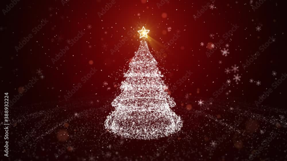 Poster white christmas tree with particle and shining light. with a depth of field focus, falling snowflake