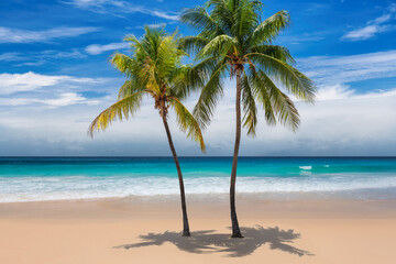 Fototapeta na wymiar Tropical sunny beach with coco palms and the turquoise sea on Caribbean island. 