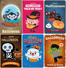 Vintage Halloween poster design with vector witch, bat, skeleton, vampire, mummy, ghost, spider character. 