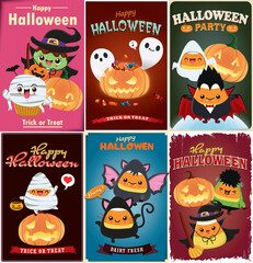 Vintage Halloween poster design with vector witch, bat, cat, vampire, spider character. 