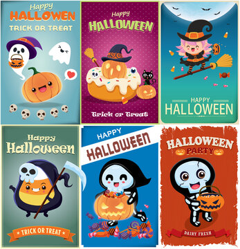 Vintage Halloween poster design with vector witch, reaper, skeleton, bat, cat, character. 