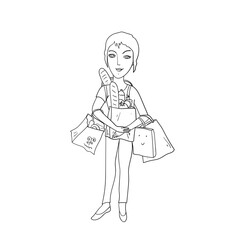 Illustration of a young girl holding shopping bags. Coloring book page element.