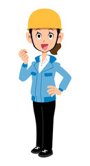 横向きでガッツポーズする青い作業服を着てヘルメットを被った女性
