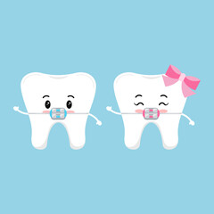 Cute tooth with dental braces character set. Dental braces on white cute smilling teeth treatment concept. Baby boy and girl sign. Vector flat design cartoon style kid tooth mascot illustration.