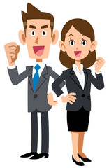 背中合わせでガッツポーズする若い男女のビジネスパーソン
