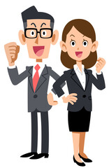 背中合わせでガッツポーズするビジネスパーソンの男女
