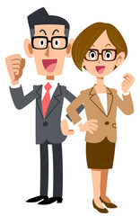 背中合わせでガッツポーズするビジネスパーソンの男女
